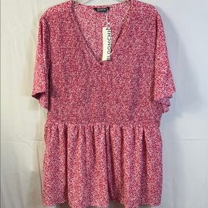 BloomChic Pink Floral V-Neck long blouse Size 22 Stretch Bodice Front New